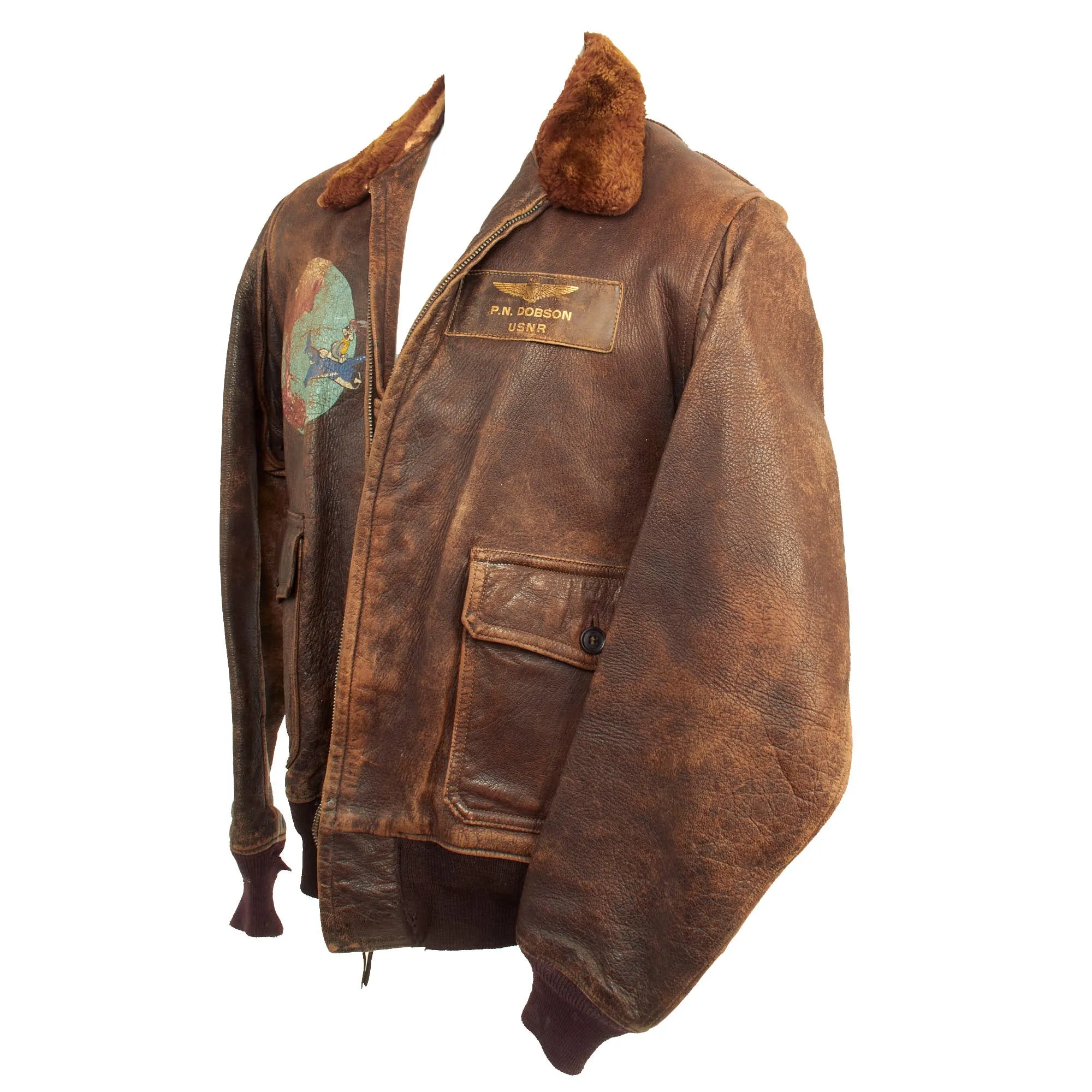 Original U.S. WWII Named US Navy Bomber Squadron G-1 Leather Flying Jacket Featuring Bugs Bunny Squadron Artwork - P.N. Dobson USNR