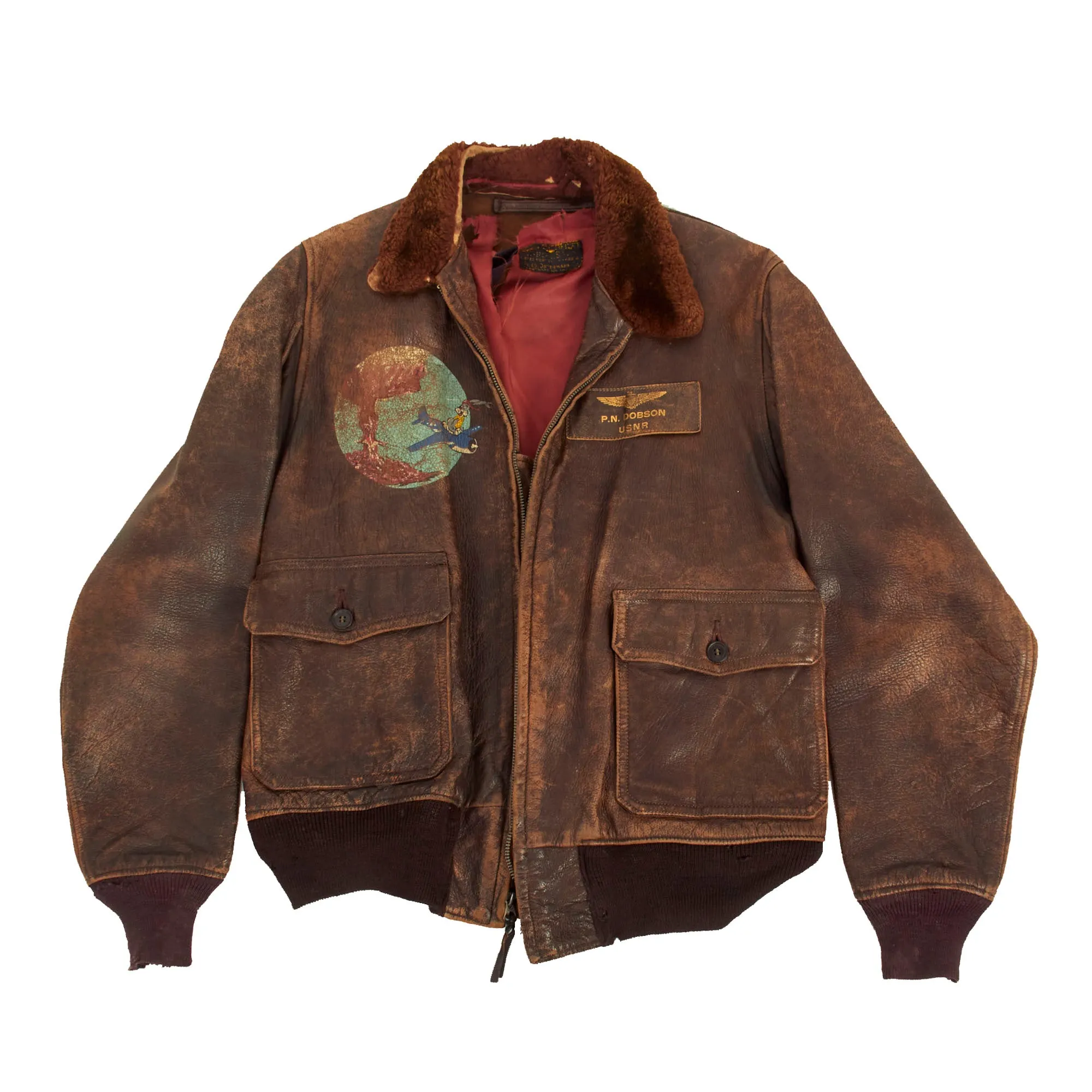 Original U.S. WWII Named US Navy Bomber Squadron G-1 Leather Flying Jacket Featuring Bugs Bunny Squadron Artwork - P.N. Dobson USNR