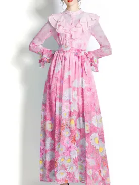 Pink Flower Ruffles Neck Floral Print Trumpet Sleeve Bohemian Dress Maxi Dress