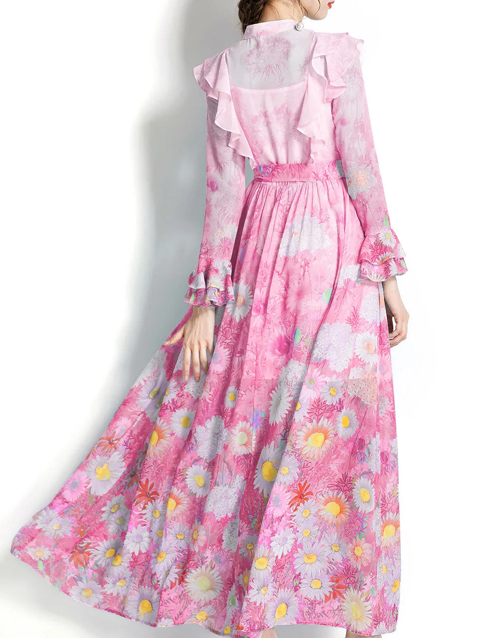 Pink Flower Ruffles Neck Floral Print Trumpet Sleeve Bohemian Dress Maxi Dress