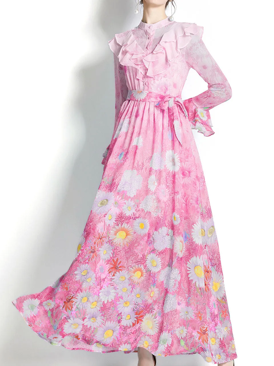 Pink Flower Ruffles Neck Floral Print Trumpet Sleeve Bohemian Dress Maxi Dress