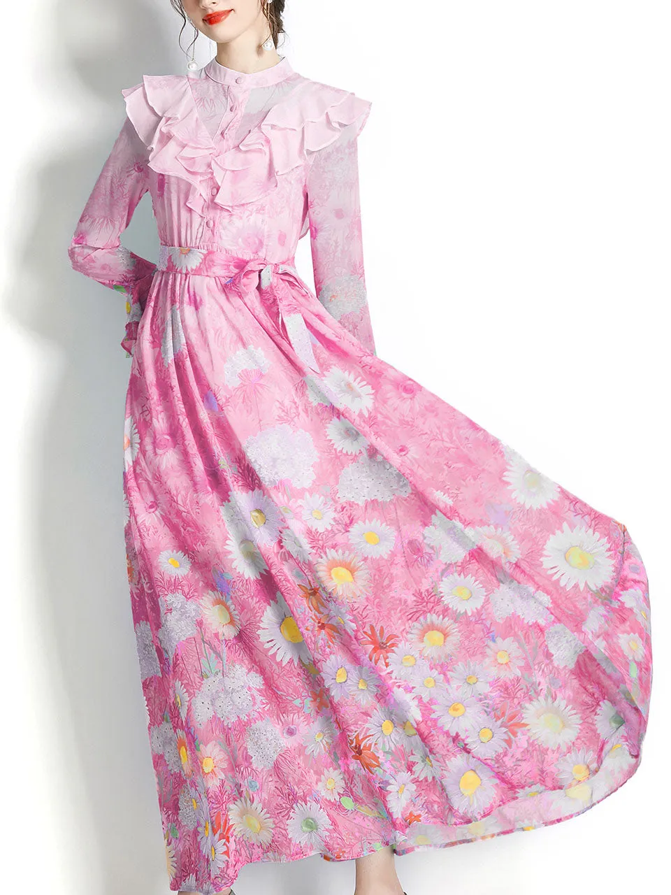 Pink Flower Ruffles Neck Floral Print Trumpet Sleeve Bohemian Dress Maxi Dress