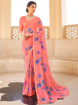 Pink Printed Georgette Sarees with Lace for Women