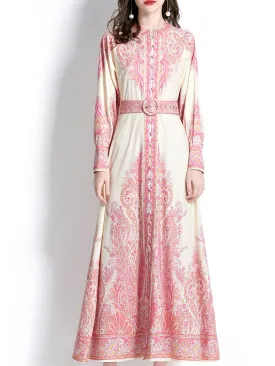 Pink Stand Collar Floral Printed Boho Dress Maxi Dress