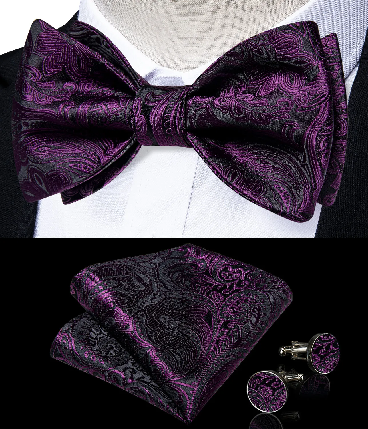 Purple Floral Self-Bowtie Pocket Square Cufflinks Set