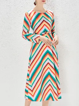 Rainbow Crew Neck Long Sleeve Bohemian Dress Maxi Dress