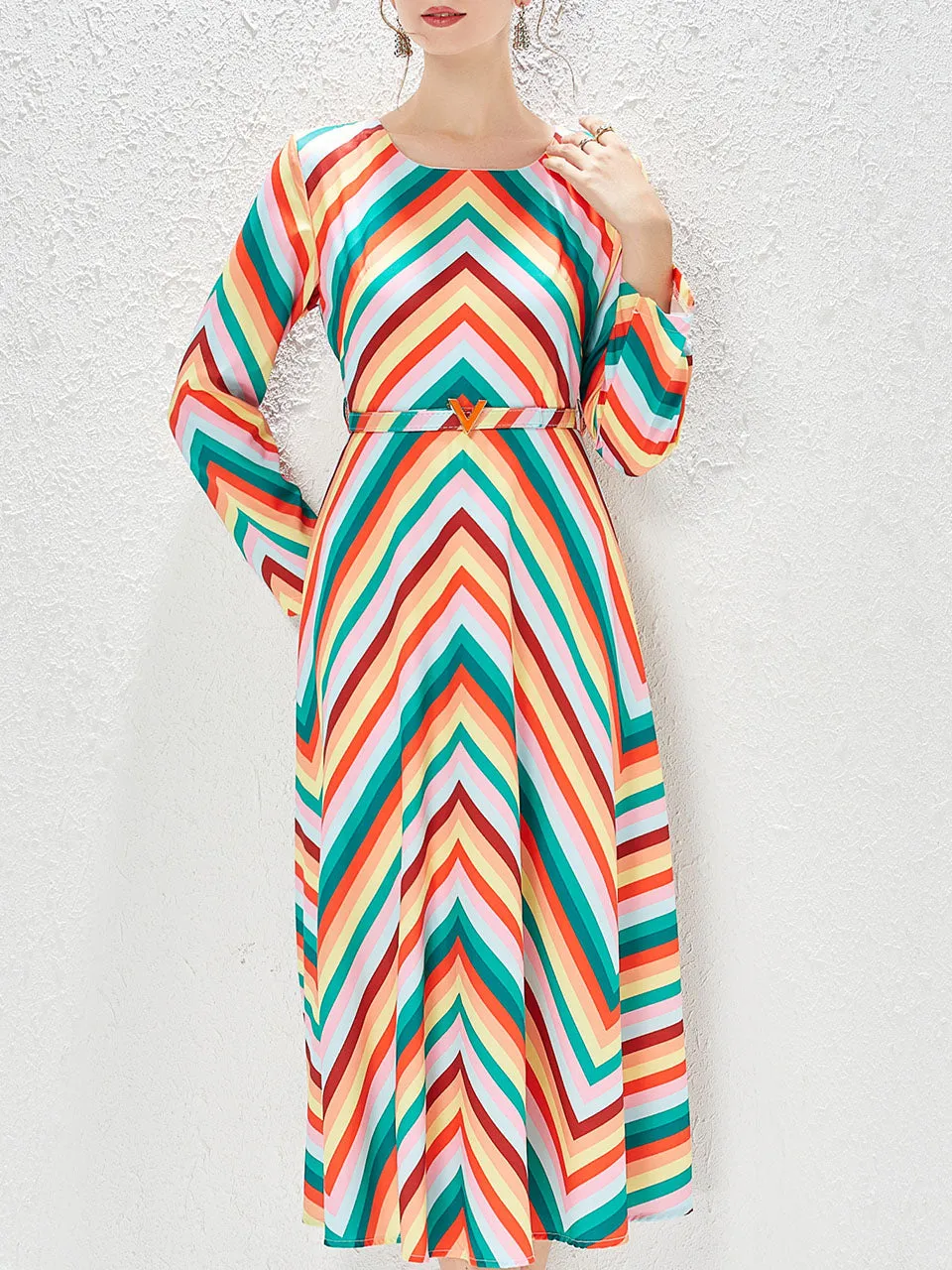 Rainbow Crew Neck Long Sleeve Bohemian Dress Maxi Dress