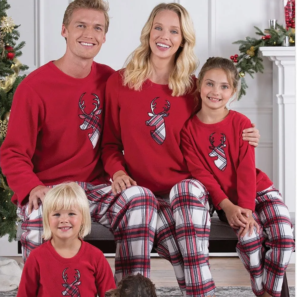 Red Plaid Christmas Reindeer Print Family Matching Pajamas Set