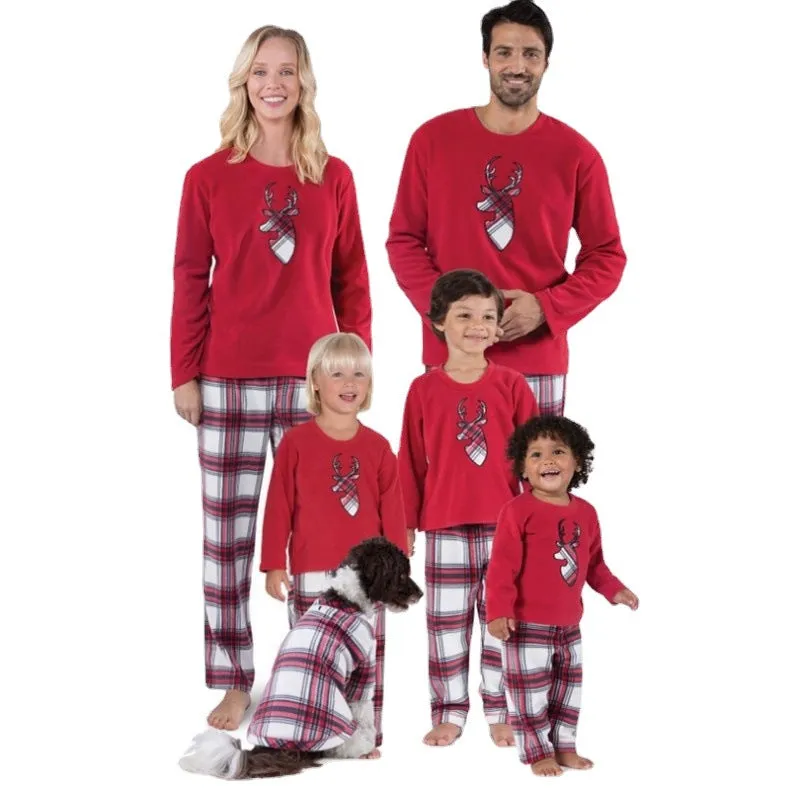 Red Plaid Christmas Reindeer Print Family Matching Pajamas Set