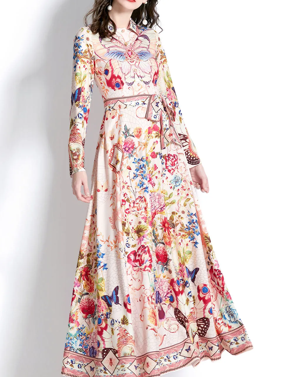 Red Turndown Collar Butterfly Printed Boho Dress Maxi Dress