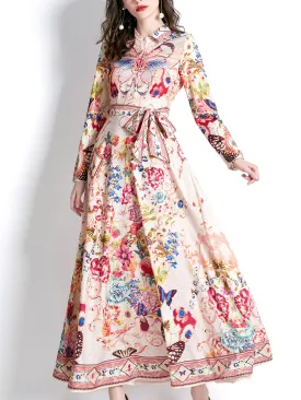 Red Turndown Collar Butterfly Printed Boho Dress Maxi Dress