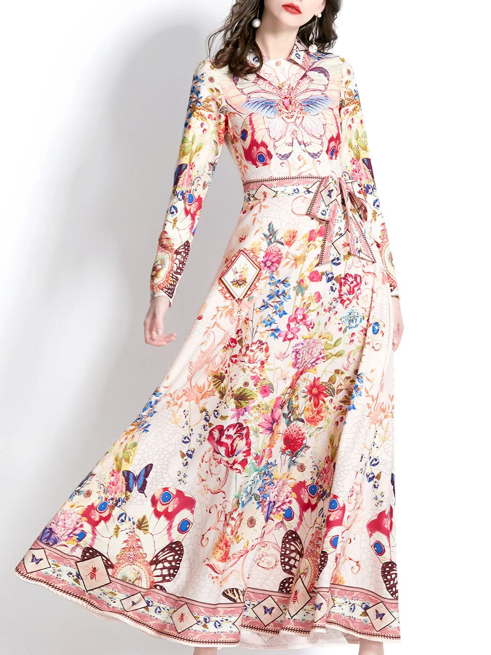 Red Turndown Collar Butterfly Printed Boho Dress Maxi Dress