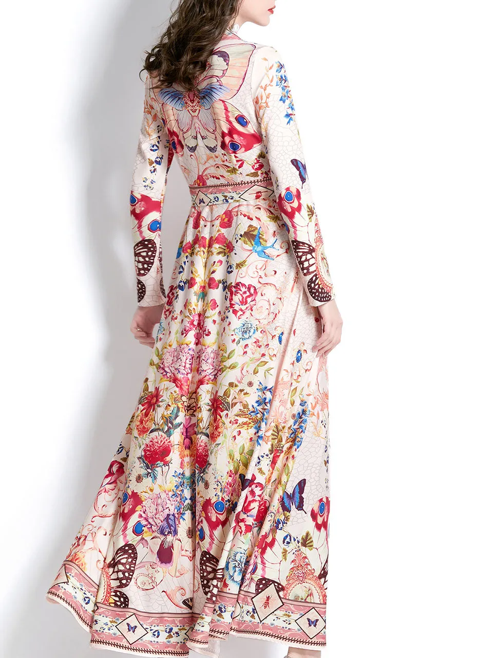 Red Turndown Collar Butterfly Printed Boho Dress Maxi Dress