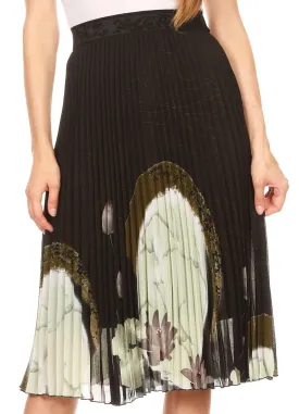 Sakkas Caasi Midi Pleated Light Crepe Skirt with Print and Elastic Waist