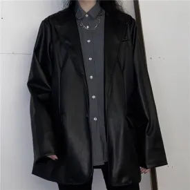 Sale Black Retro Casual Loose Faux Leather Jacket