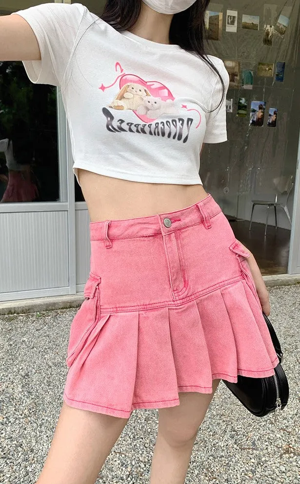 Sexy Sweet Summer Girl Cool Hot Pink Pleated Denim Mini Skirt