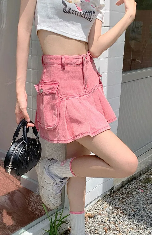 Sexy Sweet Summer Girl Cool Hot Pink Pleated Denim Mini Skirt