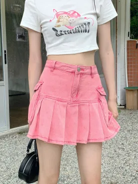 Sexy Sweet Summer Girl Cool Hot Pink Pleated Denim Mini Skirt