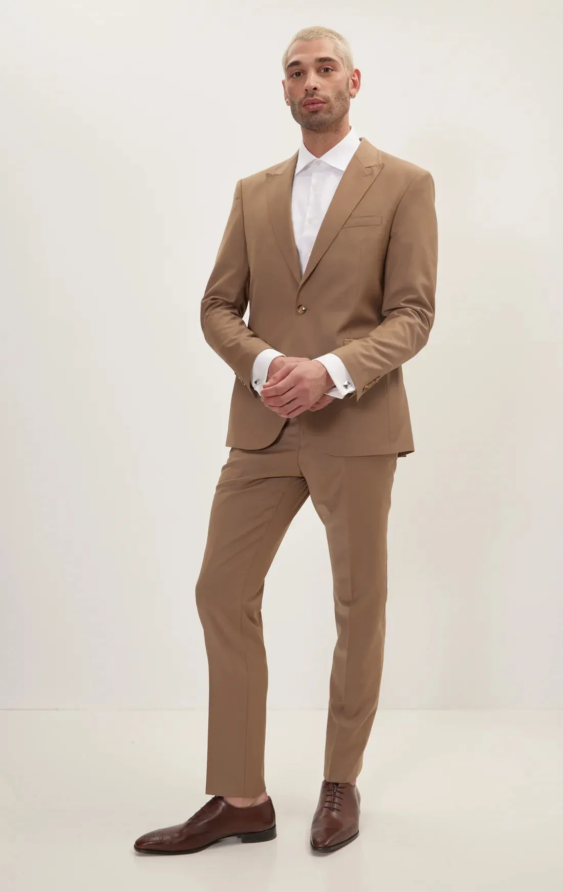 Single Breasted Peak Lapel Merino Suit - Khaki