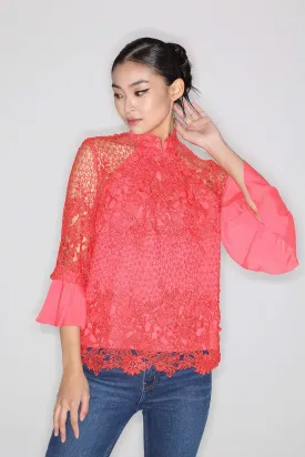 TANGERINE FLORAL LACE TOP WITH RUFFLED QUARTER SLEEVES