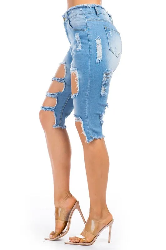 TEEK - LIGHT BLUE DISTRESSED DENIM BERMUDA SHORTS