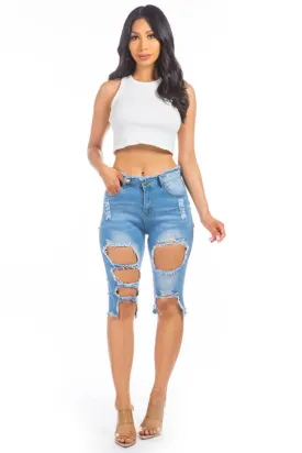 TEEK - LIGHT BLUE DISTRESSED DENIM BERMUDA SHORTS