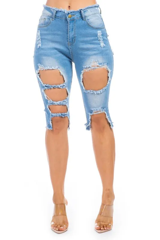 TEEK - LIGHT BLUE DISTRESSED DENIM BERMUDA SHORTS