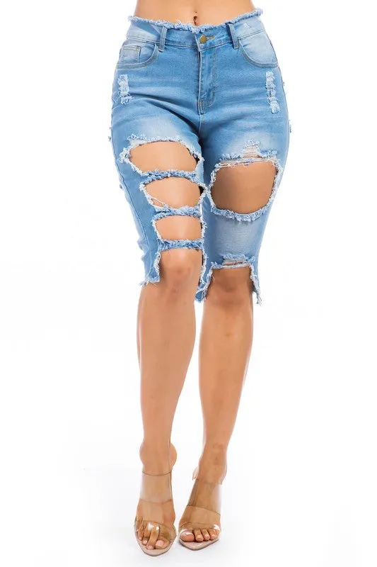 TEEK - LIGHT BLUE DISTRESSED DENIM BERMUDA SHORTS