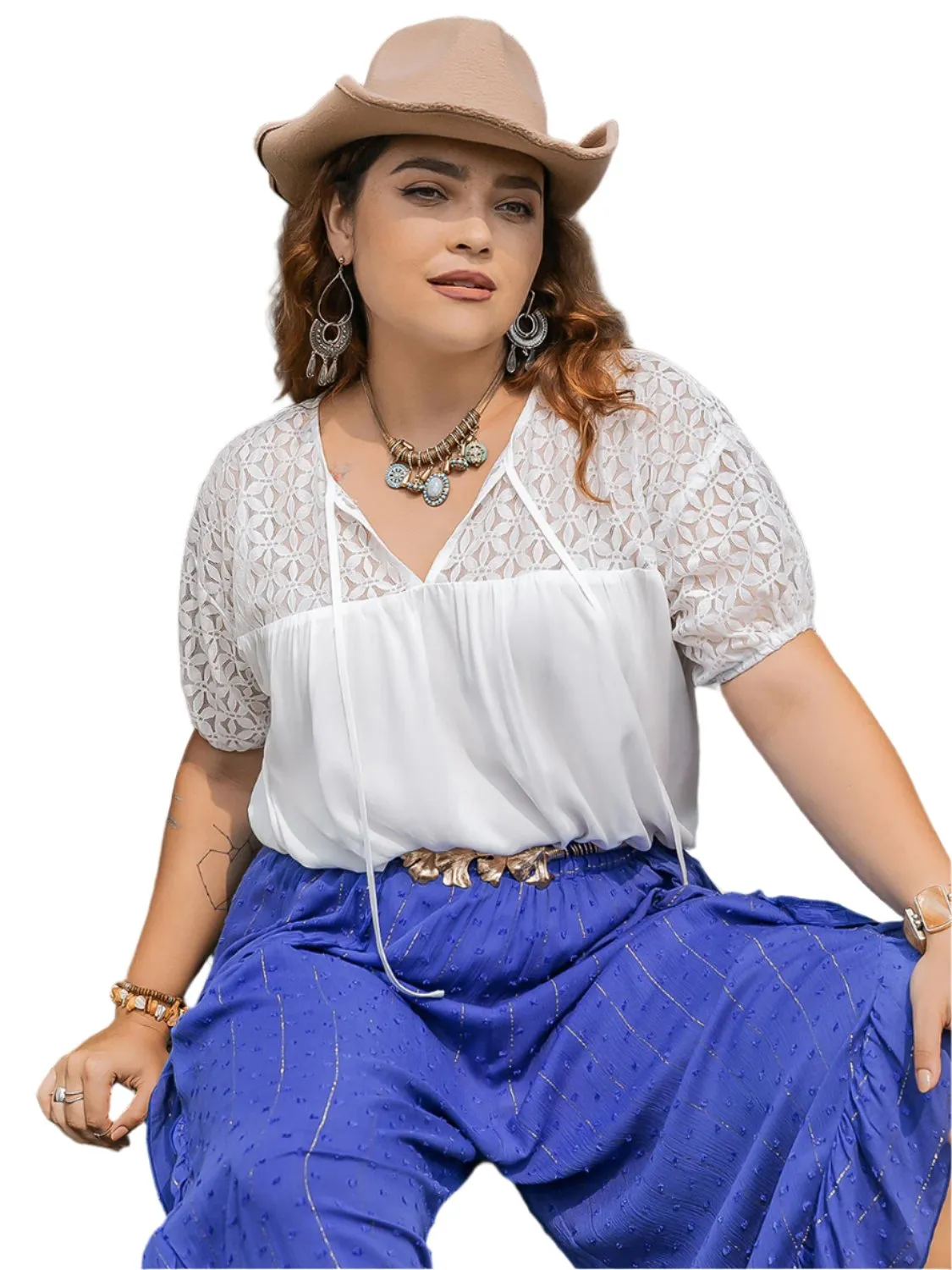 TEEK - Plus Size White Tie Neck Short Sleeve Blouse