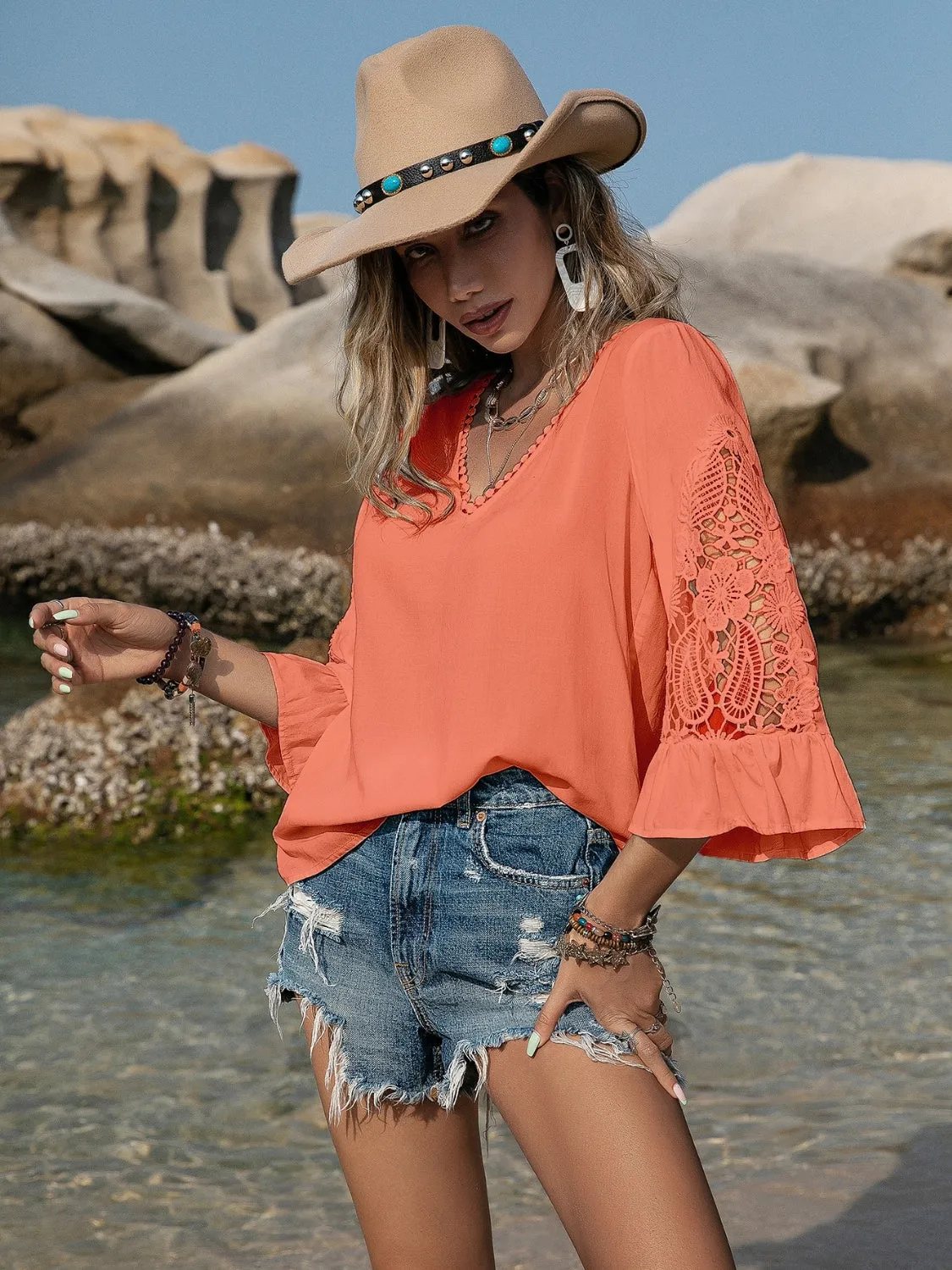 TEEK - Pumpkin Lace Detail V-Neck Blouse