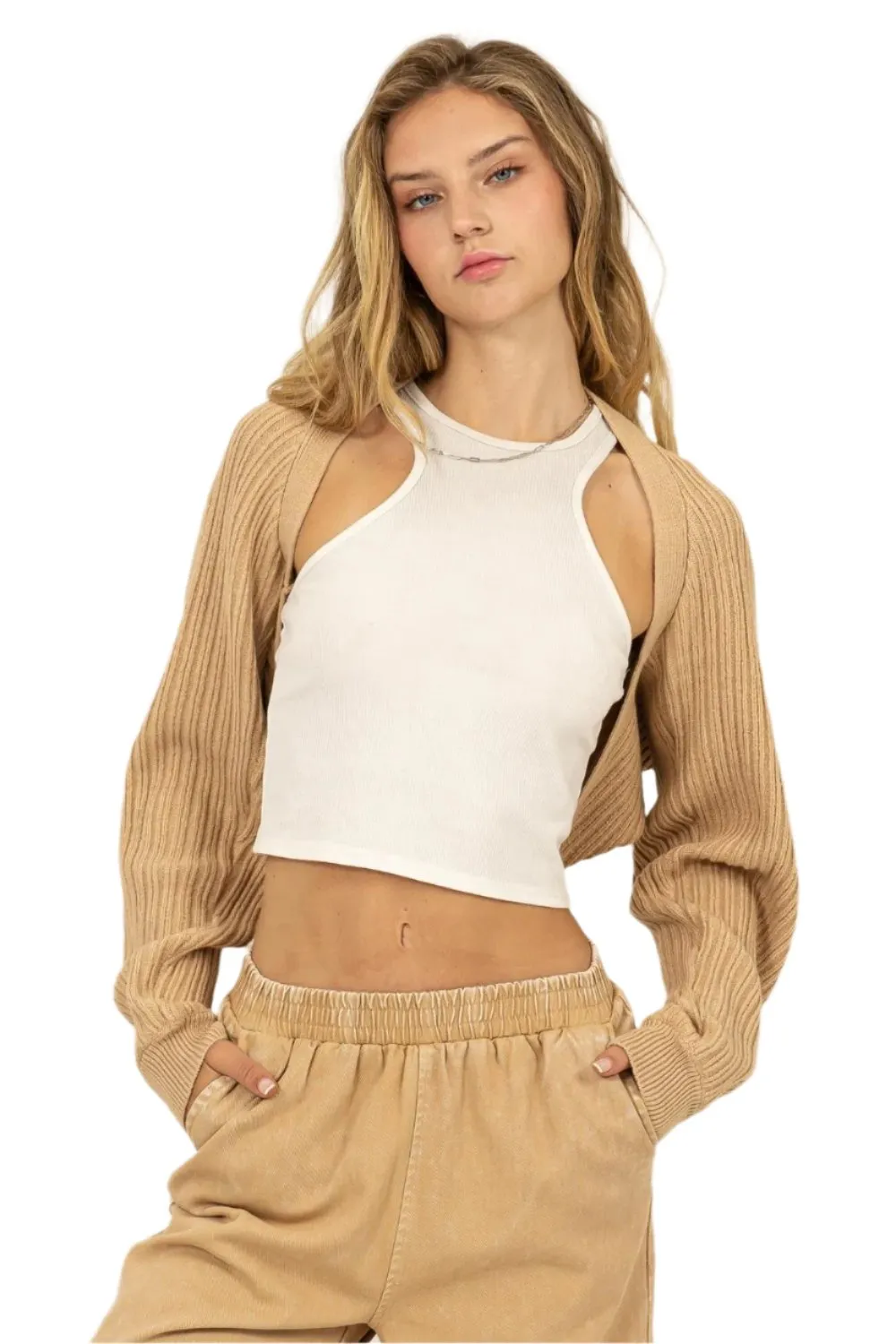 TEEK - Taupe Ribbed Knit Bolero Cardigan