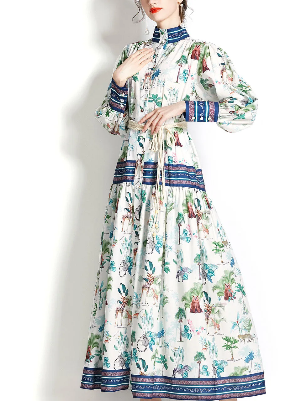 White High Collar Lantern Sleeve Floral Print Bohemian Dress Maxi Dress