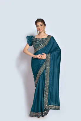 Women Party Wear Designer Pastel Colour Vichitra Silk Fabric Plain Saree with Sequence Worked Lace Border