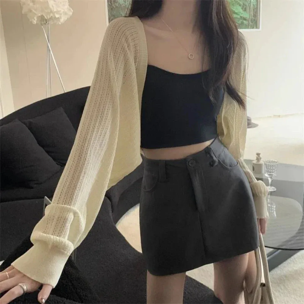 Womens Korean Style Crop Knit Short Cardigan