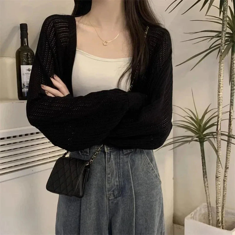 Womens Korean Style Crop Knit Short Cardigan