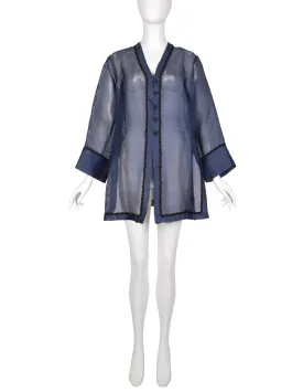 Yves Saint Laurent Vintage 1990s Navy Blue Sheer Silk Oversized Cardigan Duster